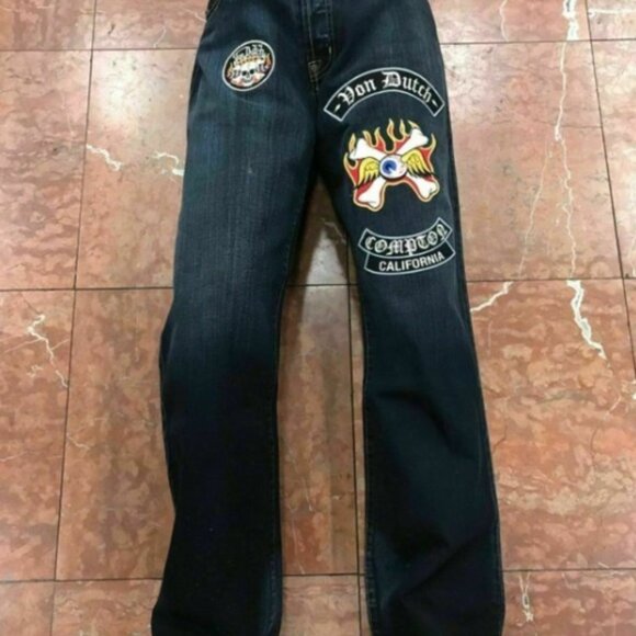 Men's VonDutch Dk Blue Double Patched Button Fly Jeans NWT